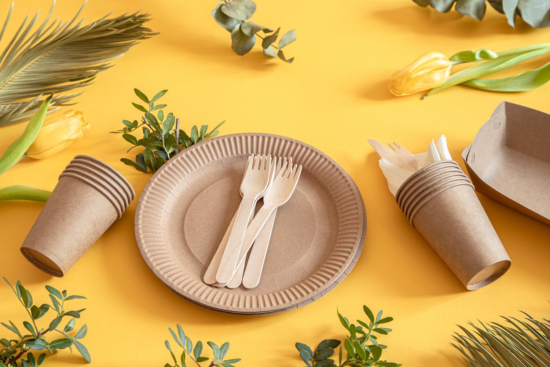 Eco-friendly, stylish recyclable paper tableware. Paper food boxes, plates, and cornstarch Cutlery on a trending orange background.